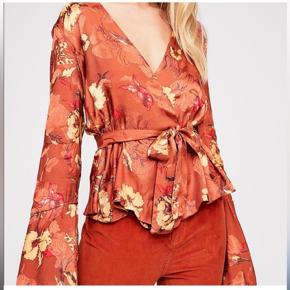Free People Satin Wrap Front, Bell Sleeve, Floral Top, Burnt Orange Size S. - Picture 1 of 10